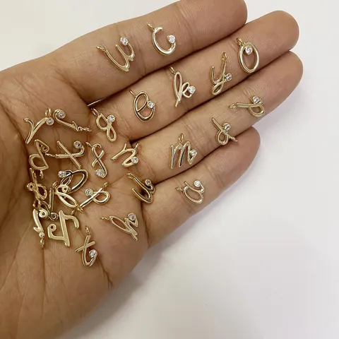 Pendentifs Lettres Initiales Cursives en Laiton Laminé d'Or 14K Avec Micro Pavé de Zircons pour Fabrication de Bijoux DIY Femme