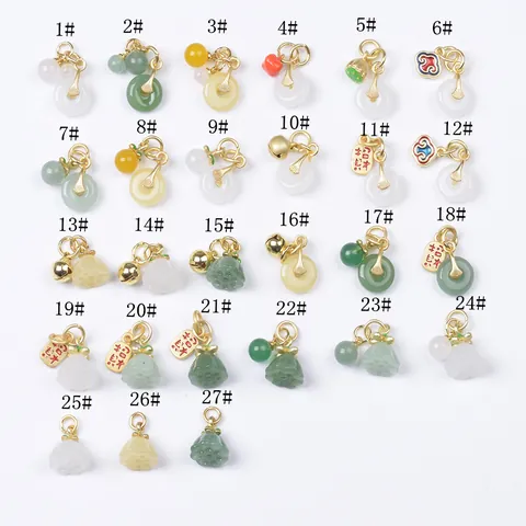 Ancient Gold Plated Copper Pendants Faux Jade Traditional Chinese Lotus Safety Buckle For DIY Bracelet Jewelry Making