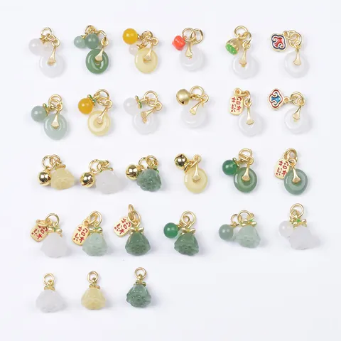 Ancient Gold Plated Copper Pendants Faux Jade Traditional Chinese Lotus Safety Buckle For DIY Bracelet Jewelry Making