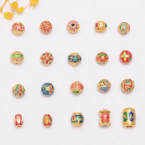 Ancient Gold Plated Copper Enamel Spacer Beads Vintage Chinese Style Floral Mantra Totem Loose Beads For DIY Jewelry Making
