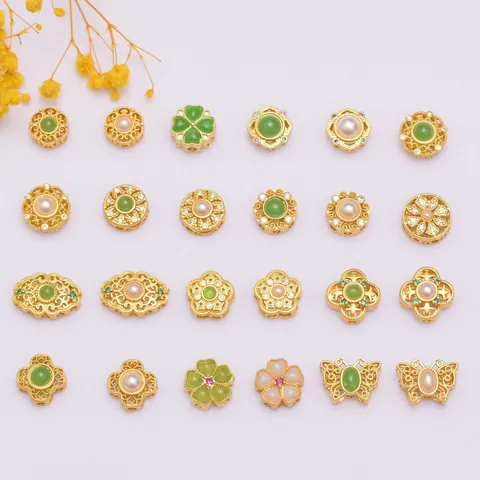 Vintage Gold Plated Copper Spacer Beads Zirconia Artificial Pearl Clover Flower Butterfly Charms For DIY Jewelry Bracelet Necklace Making