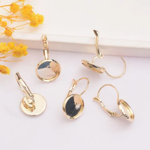 Crochets de Boucles d'Oreilles Dormeuses en Cuivre DIY Plateau de Support Cabochon Rond pour Création de Bijoux Plaqué Or Argent