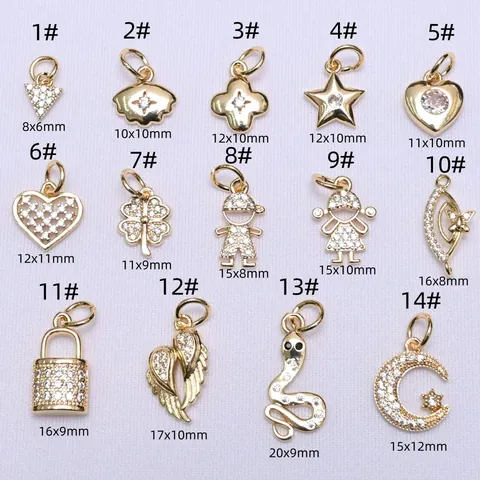 14k Gold Plated Copper Micro Pave Zirconia Charms Clover Heart Star Moon Snake For DIY Bracelet Necklace Jewelry Making Pendants