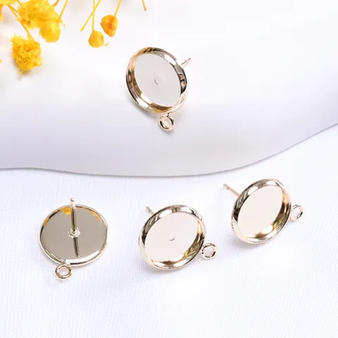 DIY Copper Earring Stud Bezel Settings With Loop Stainless Steel Earring Post Gold Silver Plated Round Base Jewelry Making Accessory