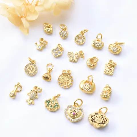 Vintage Ancient Gold Copper Pendants Zirconia Heart Butterfly Gourd Lotus Pod Lucky Charms For DIY Jewelry Bracelet Necklace Making