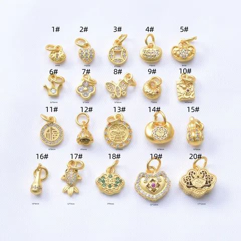 Vintage Ancient Gold Copper Pendants Zirconia Heart Butterfly Gourd Lotus Pod Lucky Charms For DIY Jewelry Bracelet Necklace Making