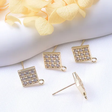 S925 Sterling Silver Earring Post Square Zirconia Stud Earring With Loop For DIY Jewelry Making Findings Copper Gold Plated Findings