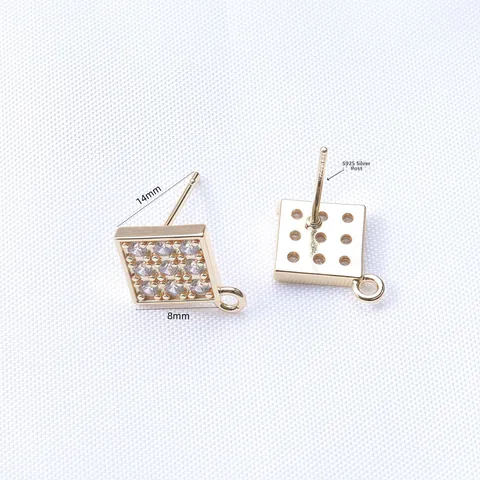 S925 Sterling Silver Earring Post Square Zirconia Stud Earring With Loop For DIY Jewelry Making Findings Copper Gold Plated Findings