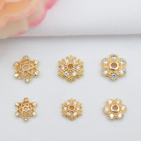 14K Gold Plated Brass Micro Pave Zirconia Snowflake Flower Bead Caps Spacers For DIY Jewelry Making Bracelet Necklace Accessories
