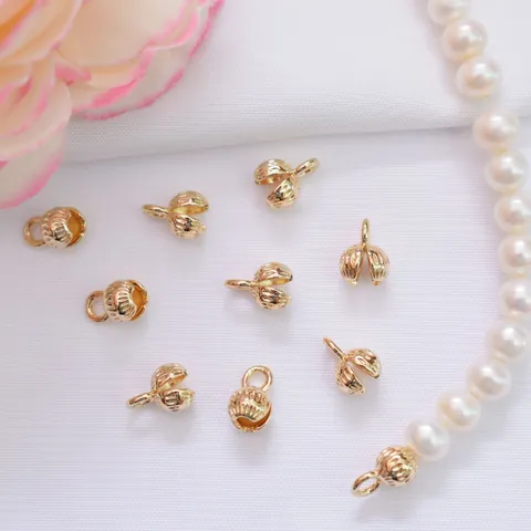Copper Clamshell Bead Tips Connector Fold Over Clasps With Loop Stripe Flower Bud End Caps For Jewelry Making Handmade DIY