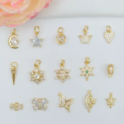14k Vergoldet Kupfer Zirkonia Charms Nur Anhänger Ohne Kette Für DIY Schmuckherstellung Zubehör Mond Stern Schneeflocke Herz Schmetterling Form Anhänger