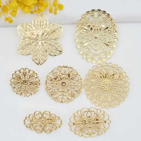 14K Gold Plated Copper Filigree Flower Brooch Base Round Oval Hollow DIY Jewelry Making Findings Components Accessories