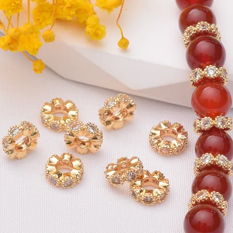 Copper Zirconia Spacer Beads For DIY Jewelry Making Flower Shape Gold Plated Rondelle Beads For Bracelet Handcraft Materials