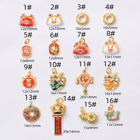 Modern Chinese Style Dragon Lion Fortune Bag DIY Pendant Gold Plated Copper Enamel Charms For Handmade Bracelet Jewelry Making