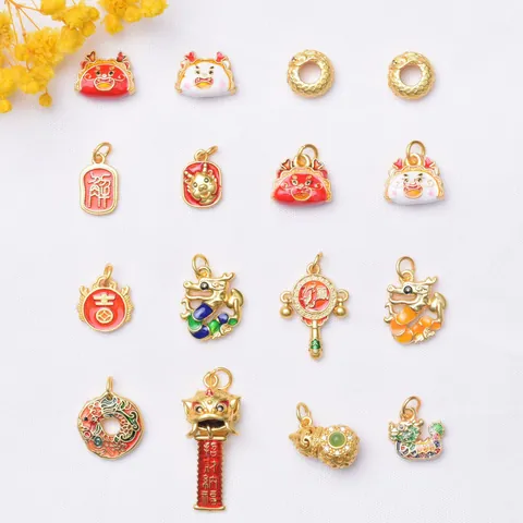 Modern Chinese Style Dragon Lion Fortune Bag DIY Pendant Gold Plated Copper Enamel Charms For Handmade Bracelet Jewelry Making