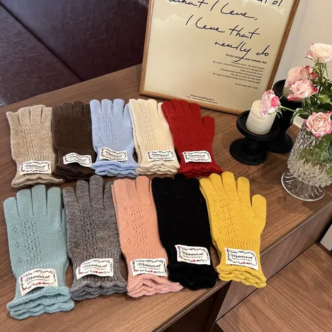 Women Korean Style Hollow Out Knitted Gloves Winter Warm Full Finger Mittens With Decorative Patch Ruffle Cuff Chic Accessories