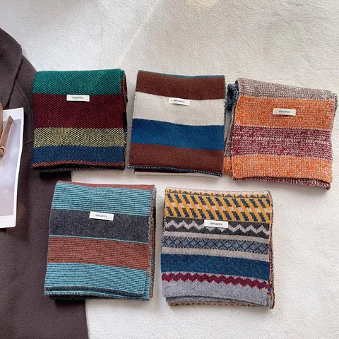 Bufanda de Punto 100% Lana Vintage de Rayas Geométrico Jacquard Color de Contraste Cálido Cuello Para Hombre Mujer Otoño Invierno