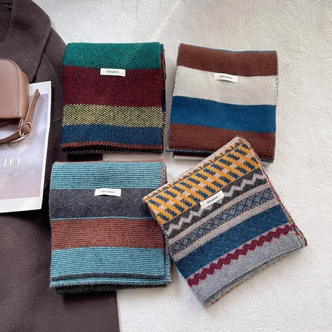 Bufanda de Punto 100% Lana Vintage de Rayas Geométrico Jacquard Color de Contraste Cálido Cuello Para Hombre Mujer Otoño Invierno