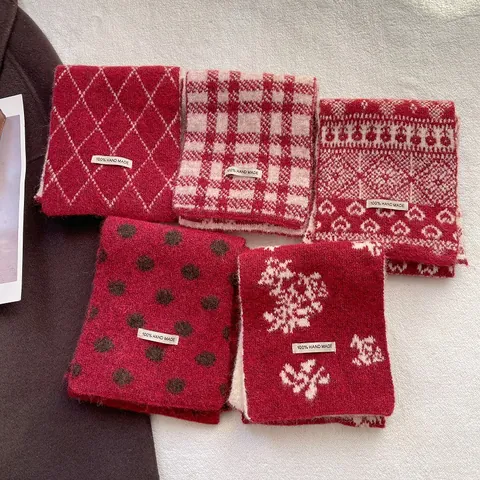 Christmas Knitted Scarf For Women Vintage Red Snowflake Fair Isle Heart Pattern Warm Winter Acrylic Long Wrap Neck Warmer Holiday Gift
