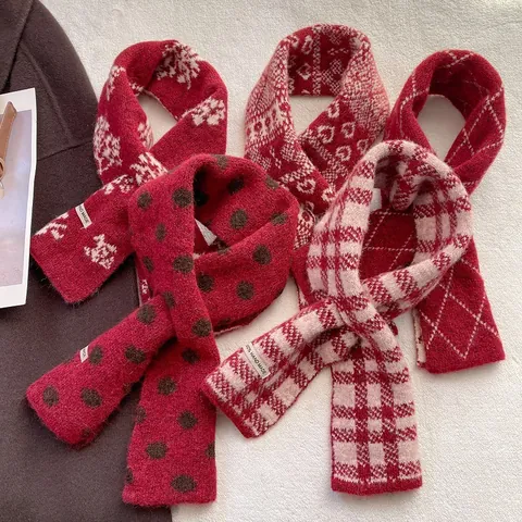 Christmas Knitted Scarf For Women Vintage Red Snowflake Fair Isle Heart Pattern Warm Winter Acrylic Long Wrap Neck Warmer Holiday Gift