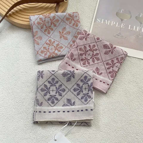 Foulard Carré Vintage en Mélange de Coton pour Femmes Imprimé Botanique Treillis Écharpe de Cou Bandeau Accessoires de Sac Lavande Rose Bleu