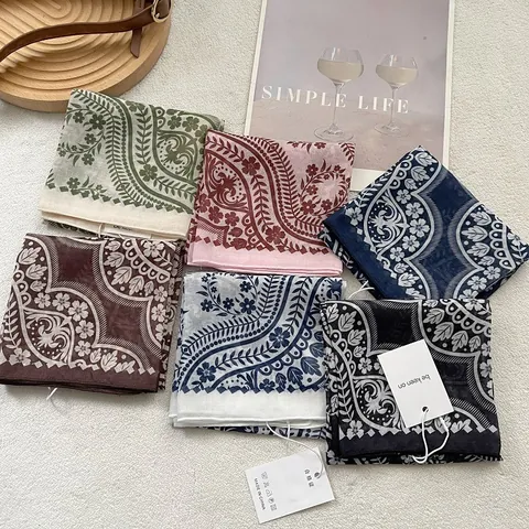Carré de Soie Vintage Imprimé Floral Cachemire pour Femmes Mélange Coton Polyester Foulard de Cou Accessoires Cheveux