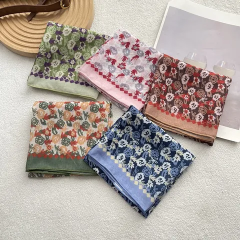 Vintage Floral Cotton Square Scarf For Women Retro Printing Neck Scarf Decorative Head Wrap Accessories Hair Tie