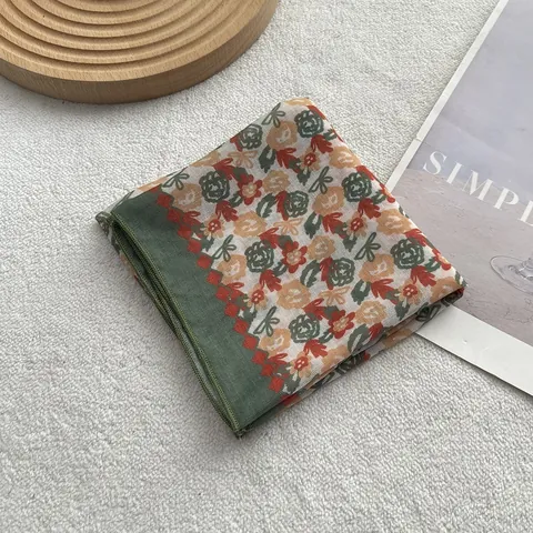 Vintage Floral Cotton Square Scarf For Women Retro Printing Neck Scarf Decorative Head Wrap Accessories Hair Tie