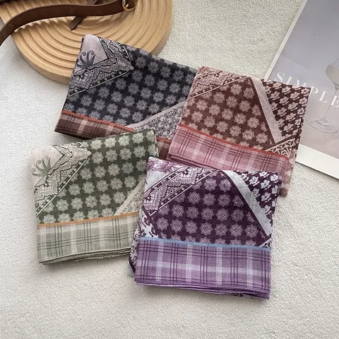 Women Retro Printed Square Scarf Satin Cotton Blend Headscarf Multi Functional Floral Plaid Hair Band Bag Decoration Accessory