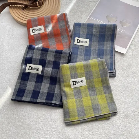Bufanda de Algodón a Cuadros Retro para Mujer Textura de Doble Cara Chal Fino Protección Solar Para Primavera Verano
