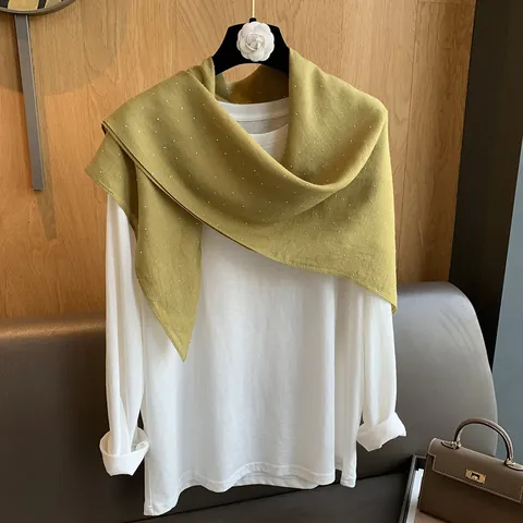 Women's Elegant Solid Color Scarf With Rhinestone Lightweight Cotton Linen Feel Shawl Pashmina For Spring Autumn
