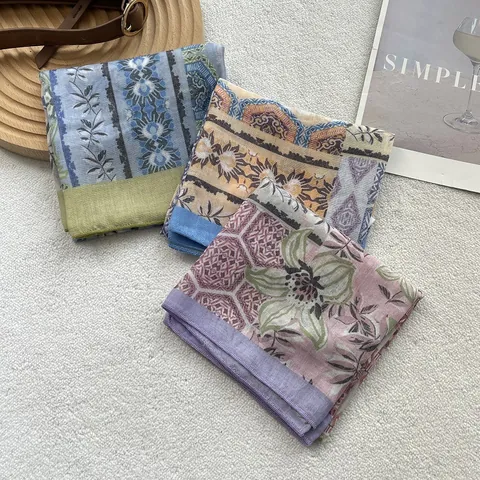 Women Retro Floral Printed Cotton Square Scarf Sweet Pastoral Lightweight Breathable Neck Kerchief Sun Protection Headscarf