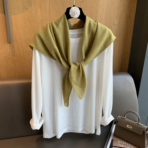 Women's Elegant Solid Color Scarf With Rhinestone Lightweight Cotton Linen Feel Shawl Pashmina For Spring Autumn