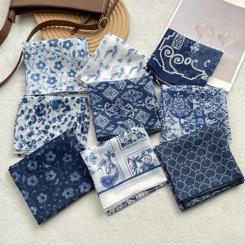 Women's Vintage Blue White Floral Paisley Print Cotton Square Scarf Thin Lightweight Head Scarf Neck Scarf For Daily Accessories