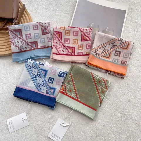 Pastoral Bohemian Print Square Scarf For Women Cotton Satin Feel Headwrap Vintage Geometric Pattern Decorative Neck Scarf