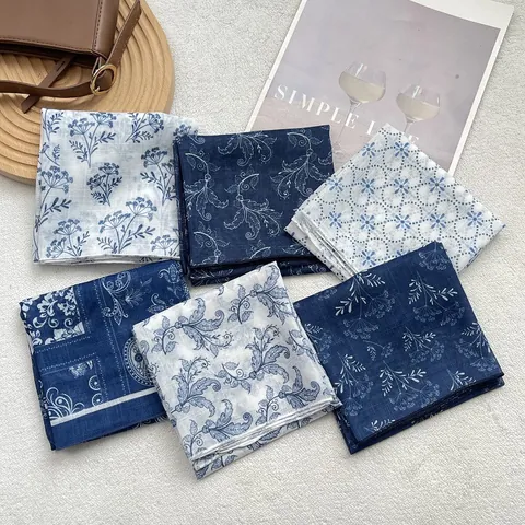Women's Vintage Blue White Floral Paisley Print Cotton Square Scarf Thin Lightweight Head Scarf Neck Scarf For Daily Accessories