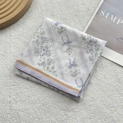 Women Retro Floral Bowknot Square Scarf Soft Cotton Literary Fresh Headband Neck Scarf Sweet Decorative Hair Band Accessory