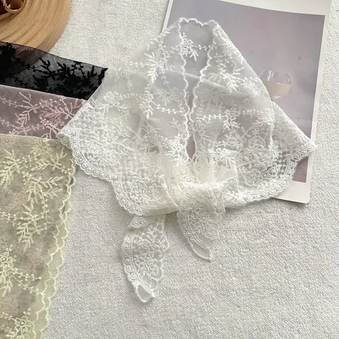 Franse Vintage Bloem Borduurwerk Kant Driehoekige Sjaal Hoofdband Voor Vrouwen Holle Haken Katoen Bandana Taille Riem Accessoire