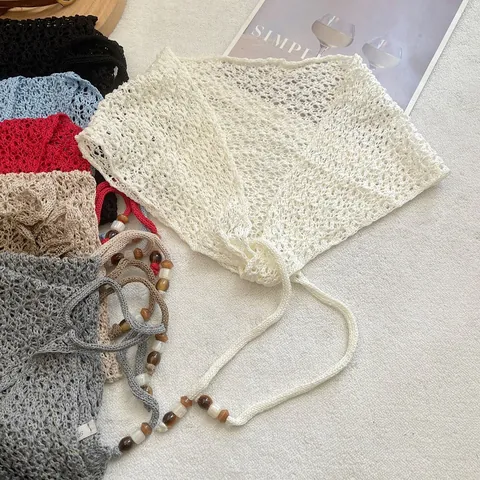 Foulard a Triangolo da Donna all'Uncinetto Traforato Bandana Boho a Maglia Copri Fianchi Con Perline in Legno Accessorio Cintura