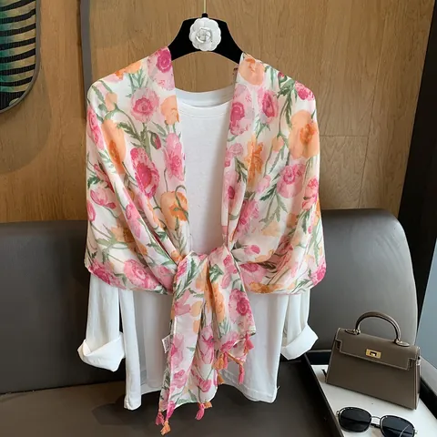 Écharpe à Imprimé Floral pour Femmes Châle de Protection Solaire Léger avec Glands Style Mousseline Polyester