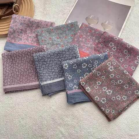 Vintage Floral Cotton Square Scarf For Women Artistic Printed Small Neck Scarf Fashionable Neck Wrap Head Band Accessory