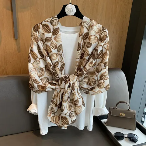Vintage Bronzing Leaf Print Scarf For Women Lightweight Polyester Sun Protection Shawl Elegant Travel Beach Wrap Scarf