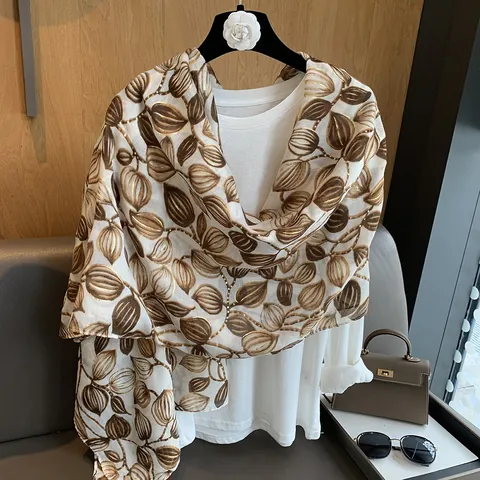 Vintage Bronzing Leaf Print Scarf For Women Lightweight Polyester Sun Protection Shawl Elegant Travel Beach Wrap Scarf