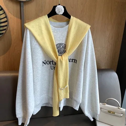 Damen Strickschal Schulterjacke Und Rundhals Sweatshirt Set Gehäkeltes Design Einfarbig Preppy Style Lässiges Outfit Tops