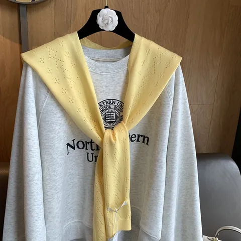 Damen Strickschal Schulterjacke Und Rundhals Sweatshirt Set Gehäkeltes Design Einfarbig Preppy Style Lässiges Outfit Tops