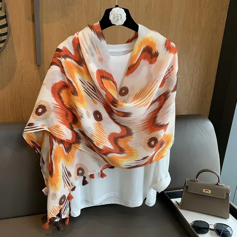 Grande Écharpe Style Ethnique avec Imprimé Ikat et Franges pour Femme Châle en Polyester Protection Solaire Plage