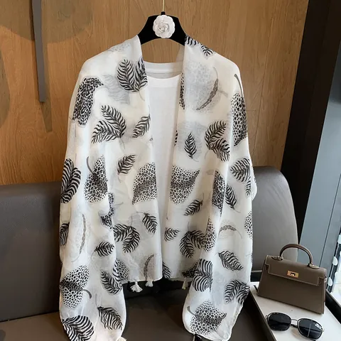 Damen Polyester Schal Leicht Blattmuster Leopardenmuster Schultertuch Mit Fransen Für Sommer Strand Sonnenschutz Mode Literarischer Retro Stil