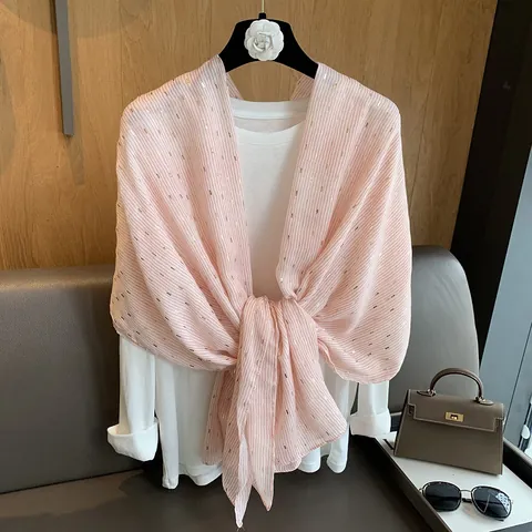Écharpe Châle Fine d'Été pour Femmes Mélange de Polyester Doux Rayures Dorées Protection Solaire Wrap de Plage Accessoire Mode