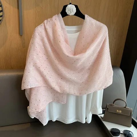 Écharpe Châle Fine d'Été pour Femmes Mélange de Polyester Doux Rayures Dorées Protection Solaire Wrap de Plage Accessoire Mode