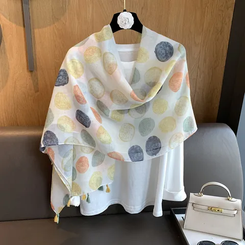 Lichte Dames Polyester Sjaal Met Aquarel Stippenpatroon Artistieke Kwastjes Omslagdoek Voor Vakantie Reizen
